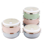 plastic lunch box in blue, orange, and green colors